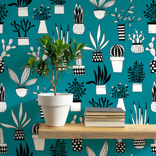 Cactus Succulent House Plant Teal Green Art Wallpaper