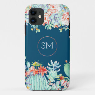 Cactus Succulent Monogram Ocean Blue Monogram Case-Mate iPhone Case