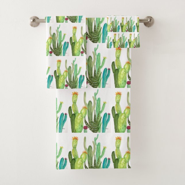 Cactus succulent pattern watercolor Garden Cute Bath Towel Set (Insitu)