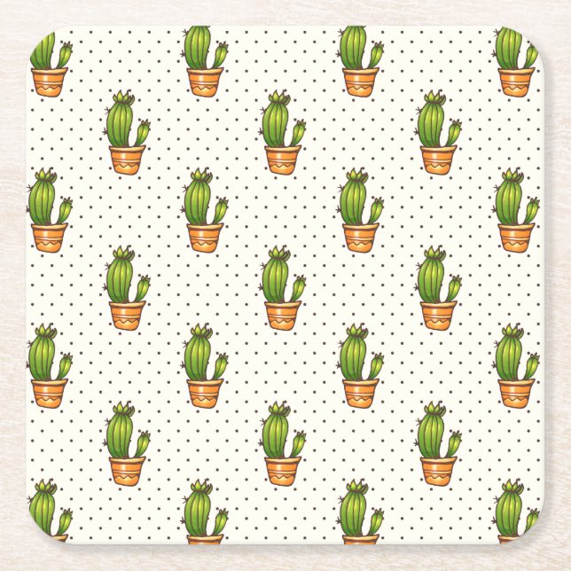Cactus & Succulent Polk Dot Pattern Square Paper Coaster (Front)