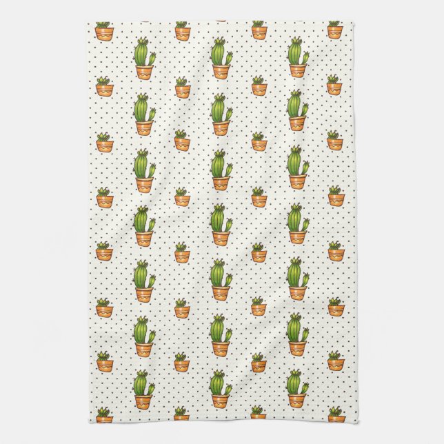 Cactus & Succulent Polk Dot Pattern Tea Towel (Vertical)