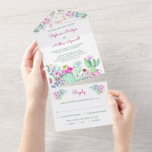 Cactus Succulent String Lights Pink Wedding All In One Invitation