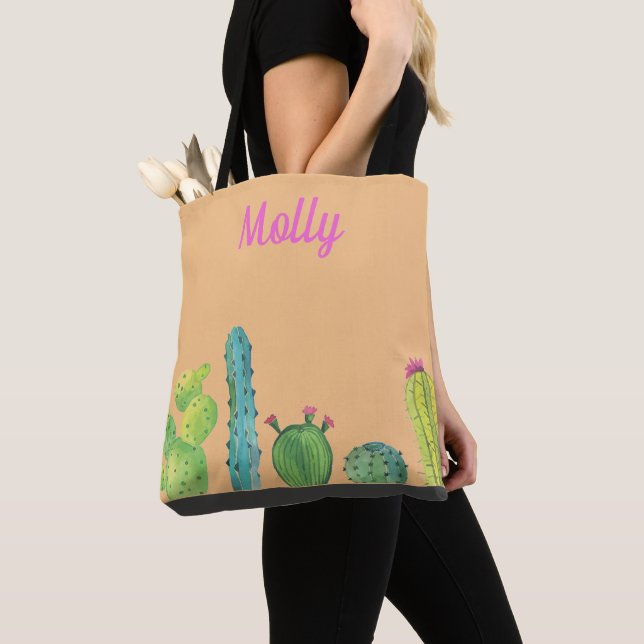 Cactus Succulent Watercolor Personalise Market Bag (Close Up)