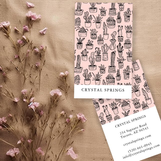 Cactus Succulents Botanical Plants Doodle Cute  Business Card (Cactus Succulents Botanical Plants Doodle Cute Business Card
Blush Pink )