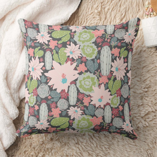 Cactus Succulents Green Pinks Blue Pattern Cushion (Blanket)