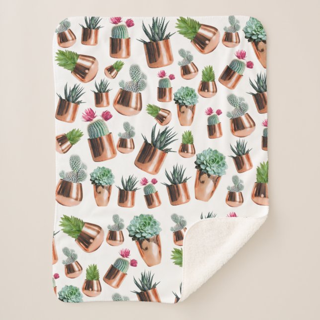 Cactus & Succulents in Rose Gold Pots Sherpa Blanket (Front)