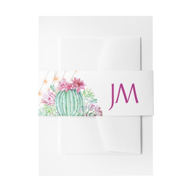 Cactus Succulents Lights Monogram Wedding Invitation Belly Band (Front Example)