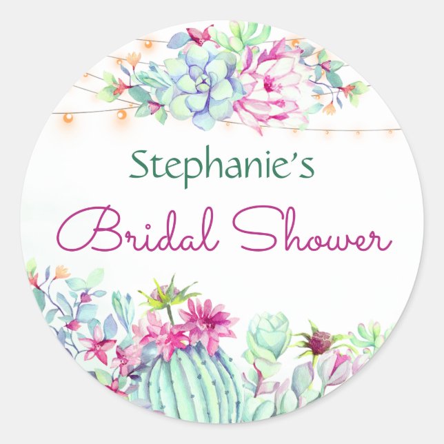Cactus Succulents String Lights Bridal Shower Classic Round Sticker (Front)