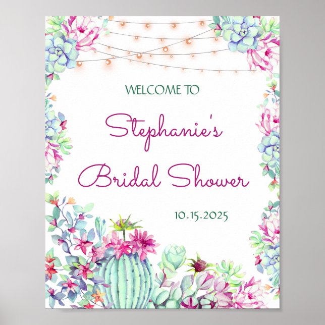 Cactus Succulents String Lights Bridal Shower Poster (Front)