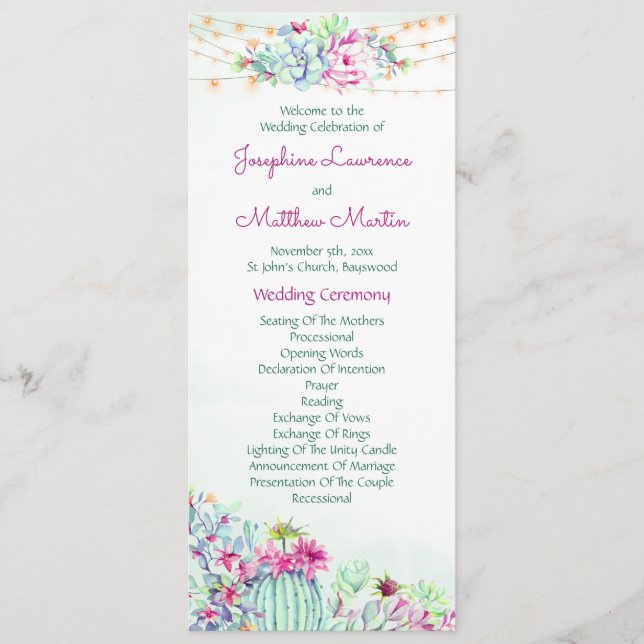 Cactus Succulents String Lights Wedding Programs Programme (Front)