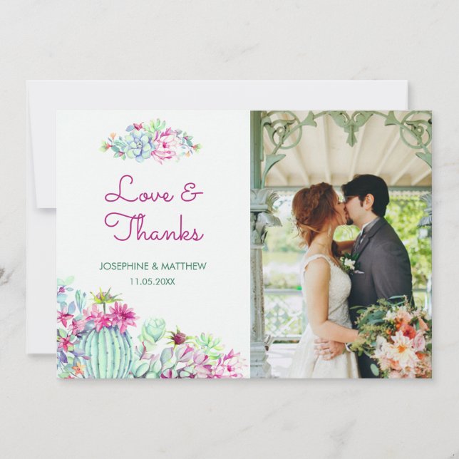 Cactus Succulents Wedding Photo Thank You Card (Front)