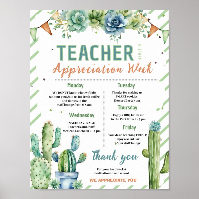 Cactus Teacher Appreciation Week Itinerary Poster (Front)