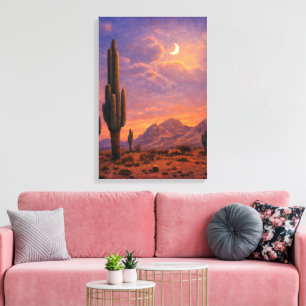 Cactus Under Moon At Sunset Southwestern Art Canvas Print