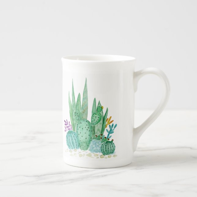 Cactus, watercolor bone china mug (Right)