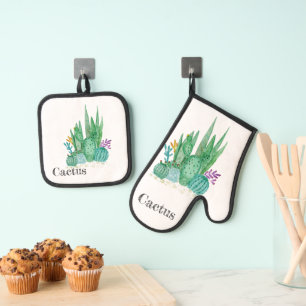 Cactus watercolor cacti flowers floral desert illu oven mitt & pot holder set