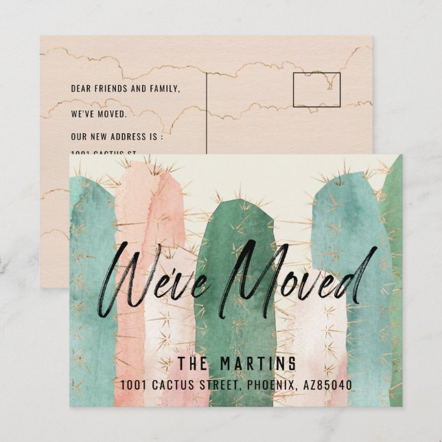 Cactus Watercolor Pink Moving Announcement Postcard (Front/Back)