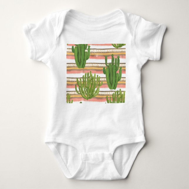 Cactus watercolor, stripe background, seamless pat baby bodysuit (Front)