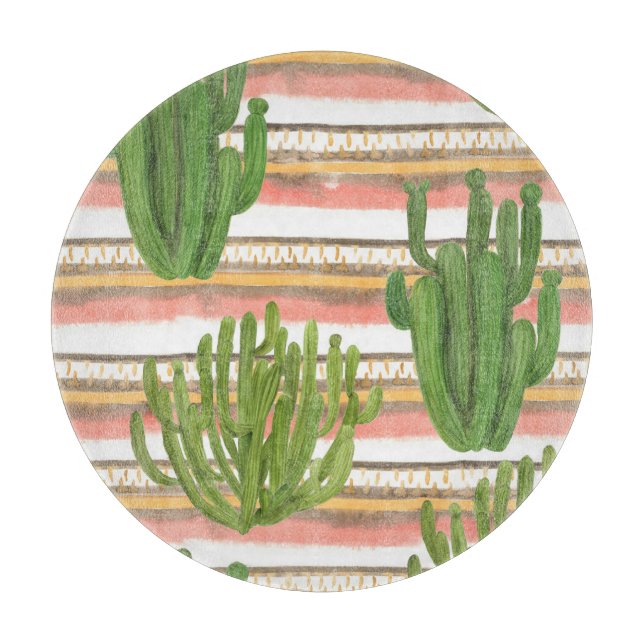 Cactus watercolor, stripe background, seamless pat cutting board (Front)