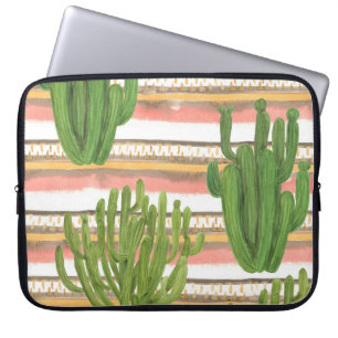 Cactus watercolor, stripe background, seamless pat laptop sleeve