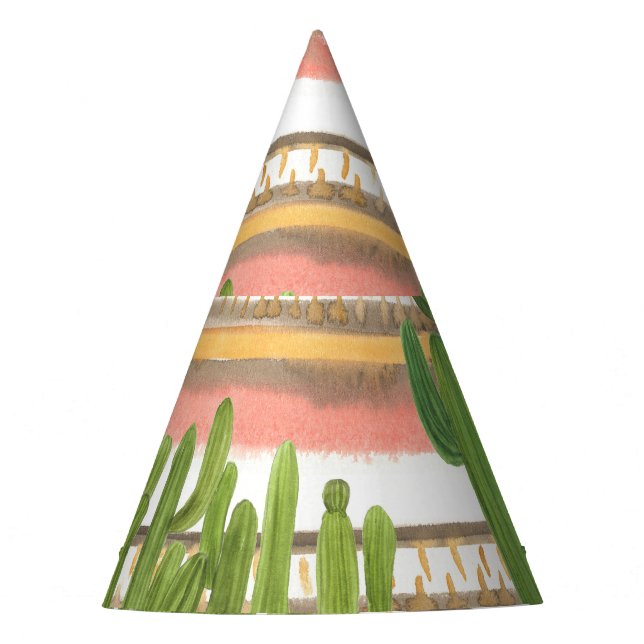Cactus watercolor, stripe background, seamless pat party hat (Front)