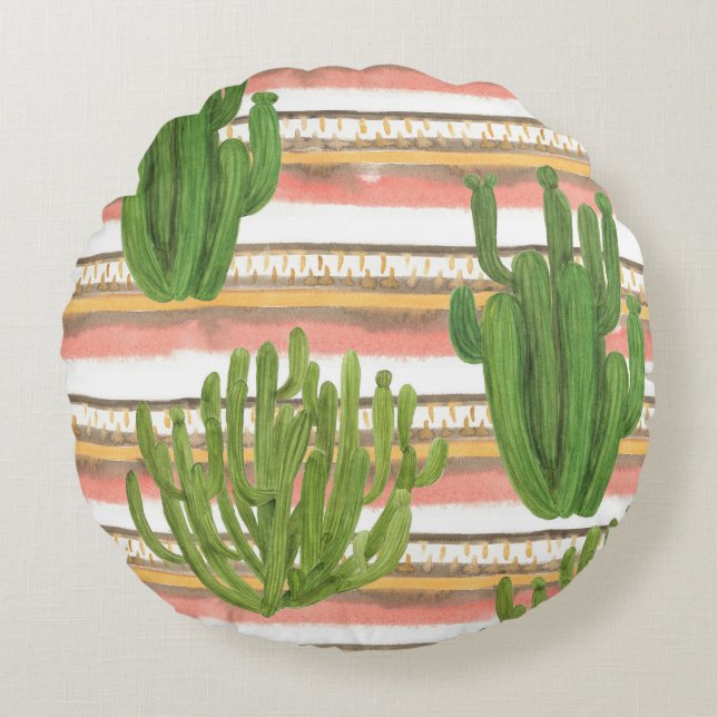 Cactus watercolor, stripe background, seamless pat round cushion (Front)