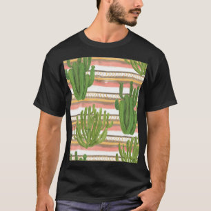Cactus watercolor, stripe background, seamless pat T-Shirt