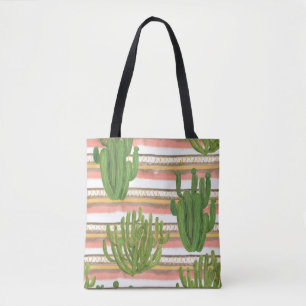 Cactus watercolor, stripe background, seamless pat tote bag