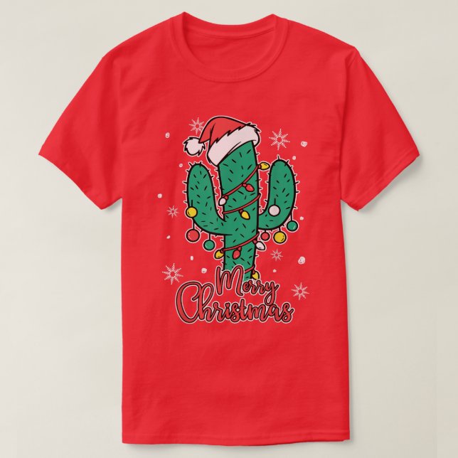 Cactus Wear Santas Hat With Christmas Lights Cactu T-Shirt (Design Front)