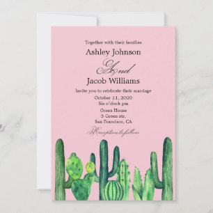 Cactus wedding. Green succulent. Modern pink Invitation
