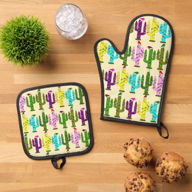 Cactus With Santa Hats Christmas Oven Mitt & Pot Holder Set (Top Down)
