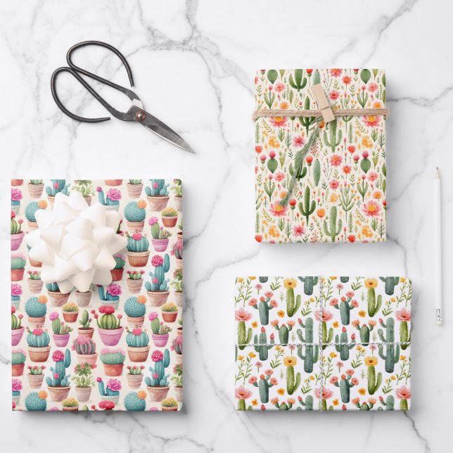 Cactus Wrapping Paper Flat Sheet Set of 3 (Front)