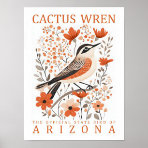 Cactus Wren Bird of Arizona USA Travel Poster
