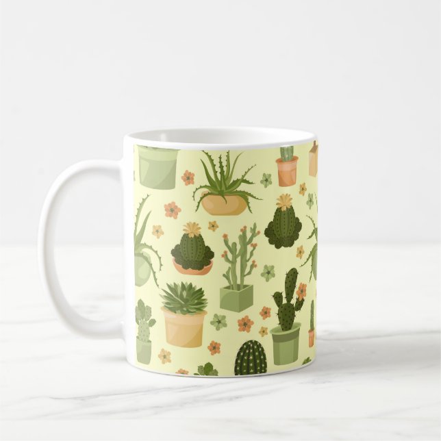 Cactuses and succulents seamless pattern. Housepla Coffee Mug (Left)