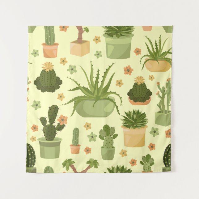 Cactuses and succulents seamless pattern. Housepla Tapestry (Front)