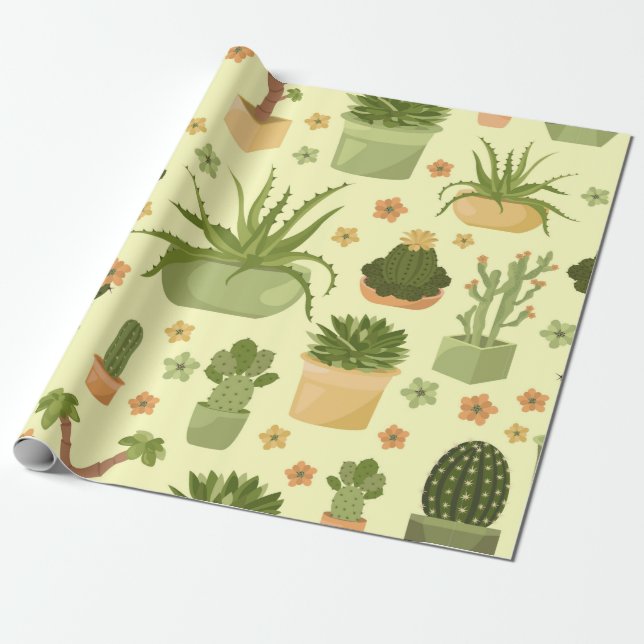 Cactuses and succulents seamless pattern. Housepla Wrapping Paper (Unrolled)