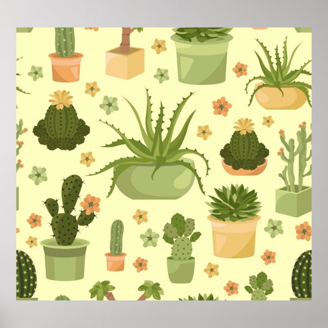 Cactuses, succulents: vintage houseplants pattern. poster (Front)