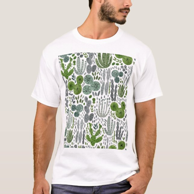 Cactuses Watercolor Hand Painted Pattern T-Shirt (Front)