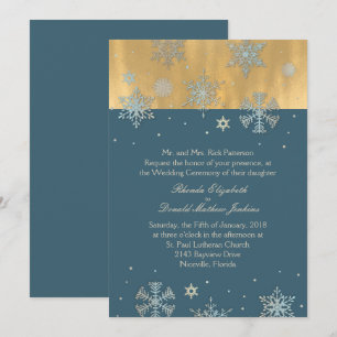 Cadet Blue and Gold Snowflakes Wedding Invitation