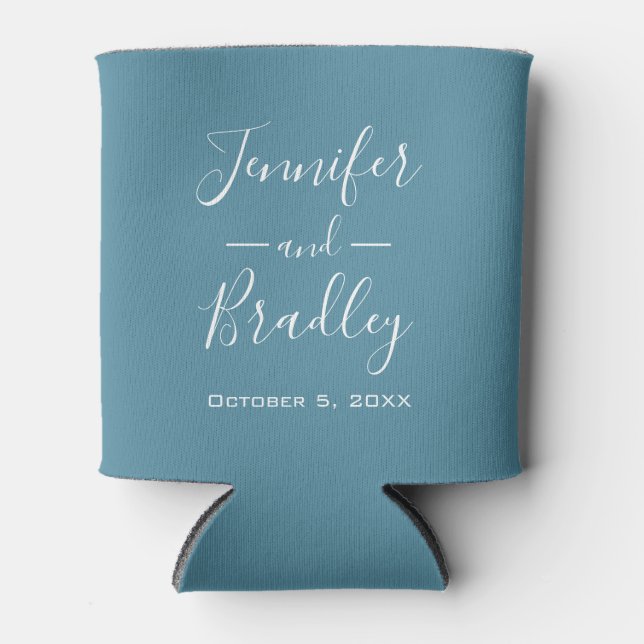 Cadet Blue Personalised Wedding Can Cooler (Front)