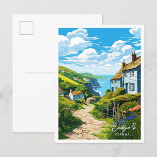 Cadgwith Cornwall Art Travel Vintage illustration Postcard