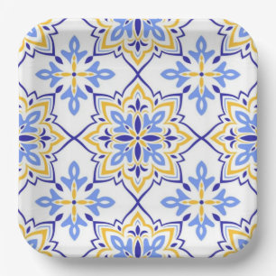 Cadiz Harmony Elegant Sky Blue Gold Mediterranean  Paper Plate