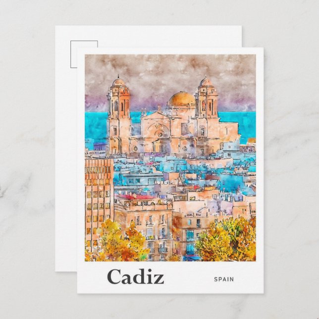 Cadiz Spain Travel Watercolor Hand Drawn Postcard (Front/Back)
