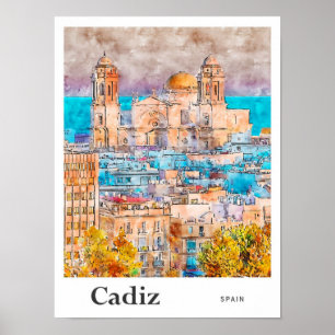 Cadiz Spain Travel Watercolor Hand Drawn Poster