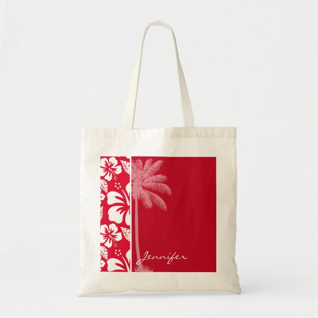 Cadmium Red Tropical Hibiscus; Palm Tote Bag (Front)