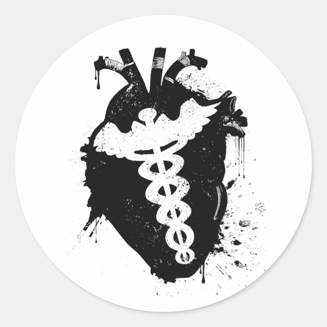 caduceus anatomical heart classic round sticker (Front)