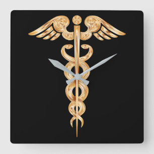 Caduceus Black and Gold Wall Clock
