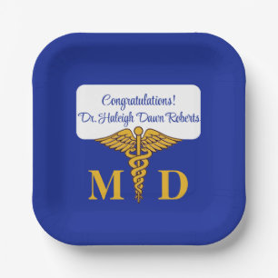Caduceus Blue & Gold Medical School Graduation Paper Plate