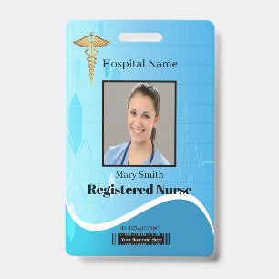 Caduceus Blue Medical Heartbeat Vertical Photo ID Badge