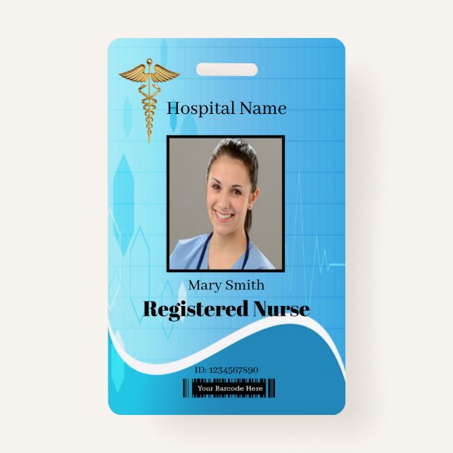 Caduceus Blue Medical Heartbeat Vertical Photo ID ID Badge (Front)