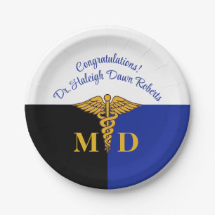 Caduceus Blue/White/Black Med School Graduation Paper Plate